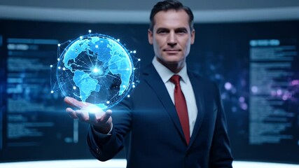 Confident Businessman in Navy Suit Holding Glowing Digital Globe Against Dark Monitor Display - Powered by Adobe