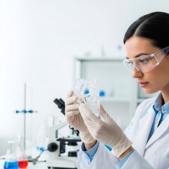 Fototapeta premium Woman scientist in lab coat and safety goggles observing a complex transparent 3D printed structure, concept of bioprinting and modern medical technology