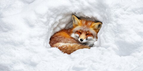 Peaceful Red Fox Asleep in a Winter Snow Hideaway