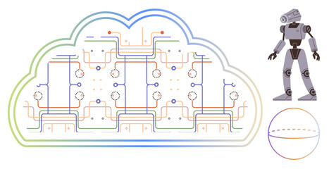 Digital cloud with interconnected circuitry, robot figure, and globe emphasizing technology. Ideal for AI, machine learning, robotics, global networks, cloud services, innovation futuristic design