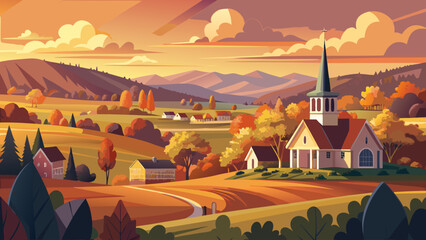 Very beautiful sunset view of the small town and Church of Groton in Groton, Massachusetts, USA, featuring warm golden light over open farmland, tree-lined hills, and a peaceful realistic New England 