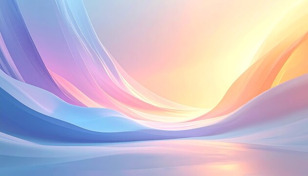 Soft, flowing abstract scene with pastel hues. Delicate shapes in blue, pink, and yellow blend, creating a serene, ethereal atmosphere