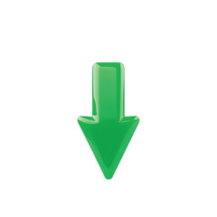 A glossy, three-dimensional green arrow pointing downwards, isolated on a white background.