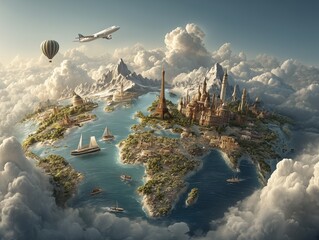 Fototapeta premium Surreal Fantasy World Map Globe Landscape with Flying Transportation Vehicles in Sky High Above the Clouds Creative Digital Art Illustration