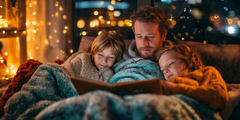 Father reads open book to two sleepy children snuggled under blanket with warm fairy lights glow. Cozy bedtime story, magical Christmas tale.