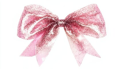 Pink glitter bow with bold shine and large sparkles on white background with clean lines and elegant details