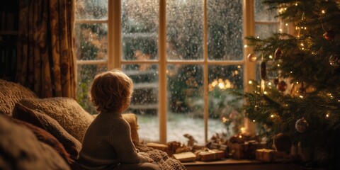 A child wrapped in a cozy blanket sits on a sofa, gazing out a window at falling snow and a glowing Christmas tree. Reflective moment of warmth, solitude, and holiday atmosphere.