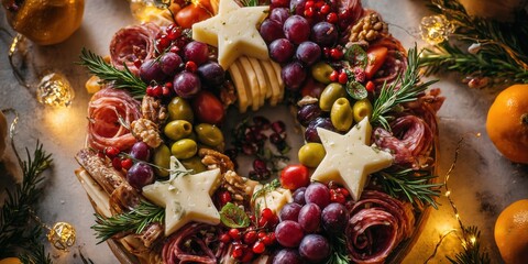 Charcuterie board in the shape of a Christmas wreath with fruits, cheese, and meats on rustic wooden table.