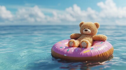 Plush soft toy floating on inflatable donut in tropical blue ocean water.