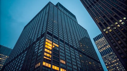 Obraz premium Quiet evening in a modern urban landscape with illuminated office windows and towering skyscrapers