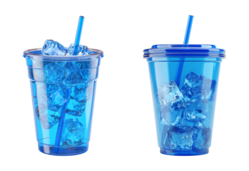 Blue Iced Drink in Plastic Cup with Ice Cubes and Straw isolated on transparent background