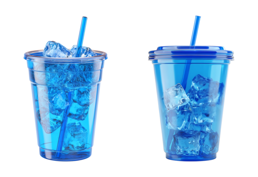 Blue Iced Drink in Plastic Cup with Ice Cubes and Straw isolated on transparent background