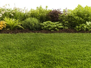 Obraz premium Meticulously landscaped backyard with lush green lawn surrounded by blooming flowers and ornamental plants under clear sky