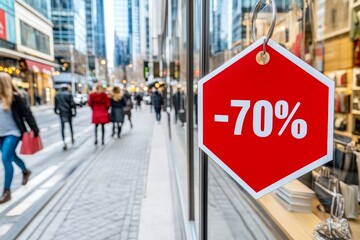 Red seventy percent discount sign in storefront window on a busy city street