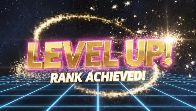 Level up animation video game arcade retro futuristic neon grid background motion graphics and design - Powered by Adobe