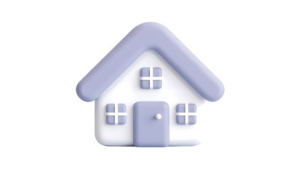 A stylized, 3d icon of a simple house with a gabled roof and four windows, rendered in pastel purple and white, isolated on a transparent background, representing home or real estate