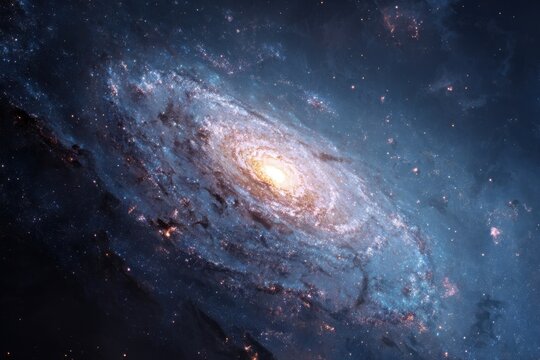 Majestic spiral galaxy with vibrant core amidst stars and gas clouds, showcasing deep blue, purple, and yellow hues, creating an enchanting cosmic scene for space enthusiasts and decorators