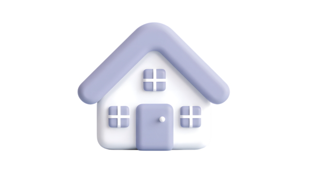 A stylized, 3d icon of a simple house with a gabled roof and four windows, rendered in pastel purple and white, isolated on a transparent background, representing home or real estate - Powered by Adobe