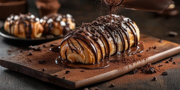 Rich Chocolate Pastry with Melted Drizzle and Cocoa Dusting on Wooden Board