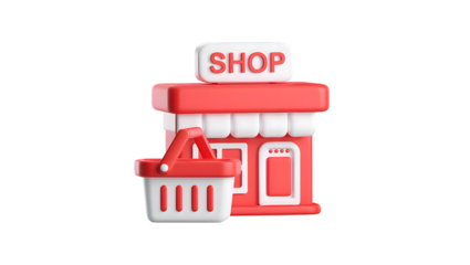 3d icon of a red and white shop building with a shopping basket in front, isolated on transparent background