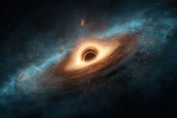 Fototapeta premium Majestic black hole surrounded by vibrant light and swirling gas clouds in a cosmic setting filled with stars and galaxies, showcasing deep blues, blacks, and bright orange-yellow highlights