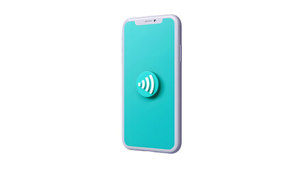 A modern smartphone with a teal screen and a contactless payment symbol, isolated on transparent background