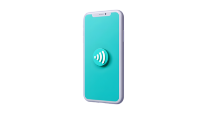 A modern smartphone with a teal screen and a contactless payment symbol, isolated on transparent background
