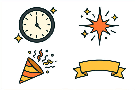 Colorful New Year celebration icons featuring countdown clock, exploding party popper, sparkle, and ribbon banner