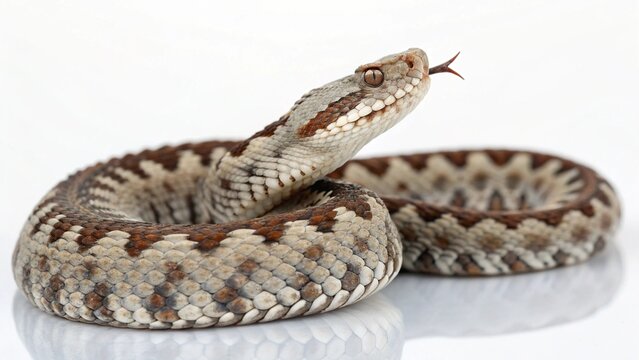 Photorealistic studio portrait of a venomous Nose-Horned Viper (Vipera ammodytes) with a distinct horn, isolated on white.