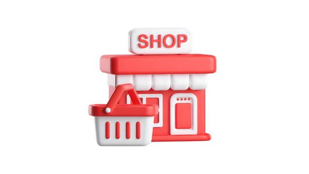 3d icon of a red and white shop building with a shopping basket in front, isolated on transparent background