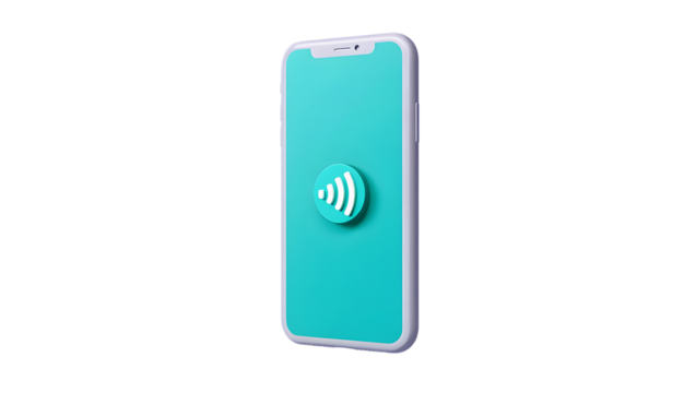 A modern smartphone with a teal screen and a contactless payment symbol, isolated on transparent background