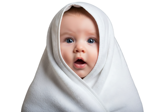 Adorable baby wrapped in a soft white towel with surprised expression