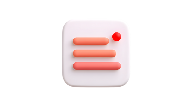 A simple 3d icon representing a todo list or checklist with three horizontal lines and a red notification dot, isolated on transparent background