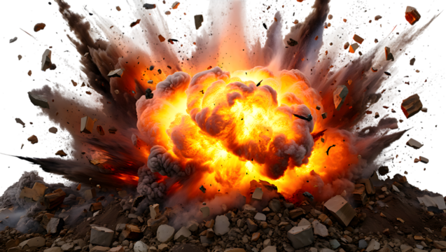 A powerful and destructive explosion with bright orange flames, smoke, and debris against a transparent background