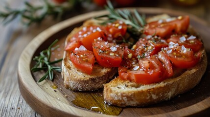 Rustic toasted sourdough bread topped with fresh tomato and garlic drizzled with golden olive oil