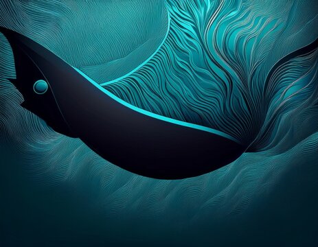 a dark blue and teal abstract background with a black fish shape
