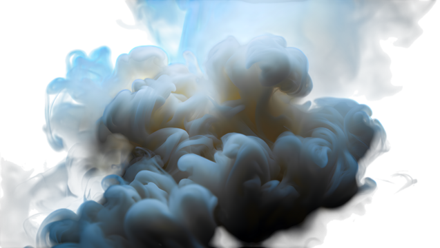 Abstract blue and white smoke swirling and expanding on a transparent background, representing a powerful explosion or a mystical cloud formation, isolated on transparent background