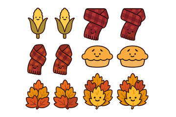 Fototapeta premium Cute autumn harvest set with smiling corn, plaid scarves, pumpkin pie, and fall leaves