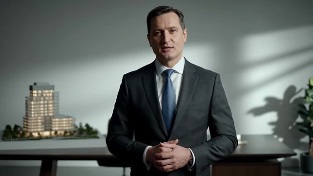 Confident Man In Dark Suit And Blue Tie Stands Before Architectural Model On A Table Near Indoor Plant Against Light Grey Wall