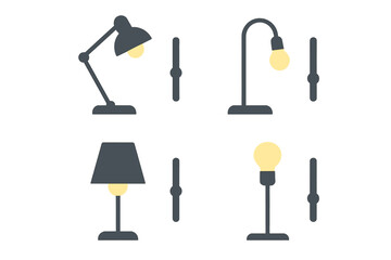 Minimalist icons of interior lighting elements including table lamps and dimmer controls