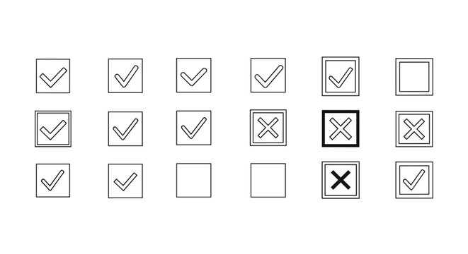 Set of simple checkmark and cross icons within boxes, featuring varied line widths and a highlighted option, presented in a clean, flat vector style on a white background, ideal for representing