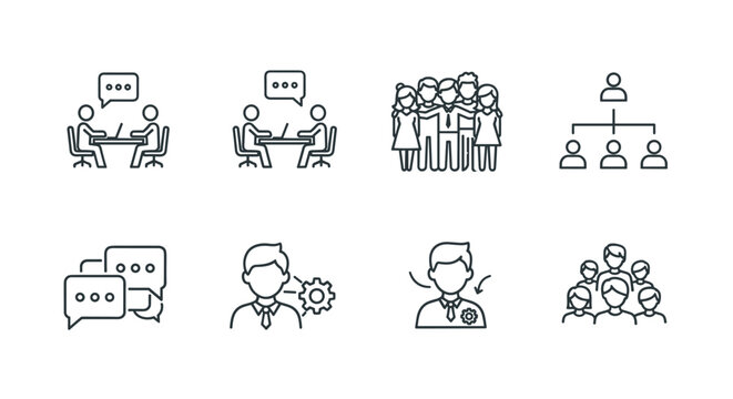 Set of business people icons including meeting, team, structure, communication, members, and groups, presented as a clean, ordered line icon set on a white background, perfect for corporate
