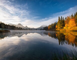 serene lake reflection in early morning light natural beauty