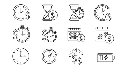 Collection of outline linear symbols representing time and money, including clocks, hourglasses, stopwatches, calendars, and a battery icon, all accented with dollar signs, perfect for graphic and