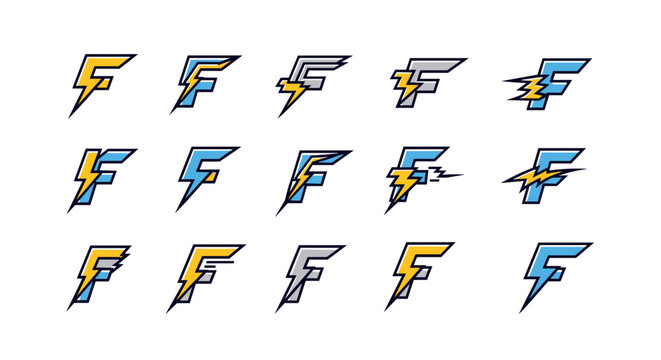 Set of 15 stylized letter F logos with lightning bolt elements, rendered in a modern, graphic style with yellow, blue, and gray color palettes, perfect for technology, energy, or sports branding