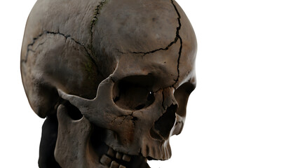 A detailed, weathered human skull with cracks, shown from the side, isolated on transparent background
