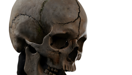 A detailed, weathered human skull with cracks, shown from the side, isolated on transparent background