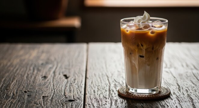 Refreshing iced latte with whipped cream on a rustic wooden table, perfect for a cozy cafe or coffee shop ambiance