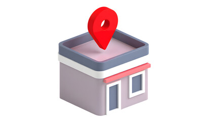 A 3d store or shop icon with a red location pin on its roof, isolated on transparent background