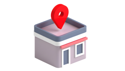 A 3d store or shop icon with a red location pin on its roof, isolated on transparent background